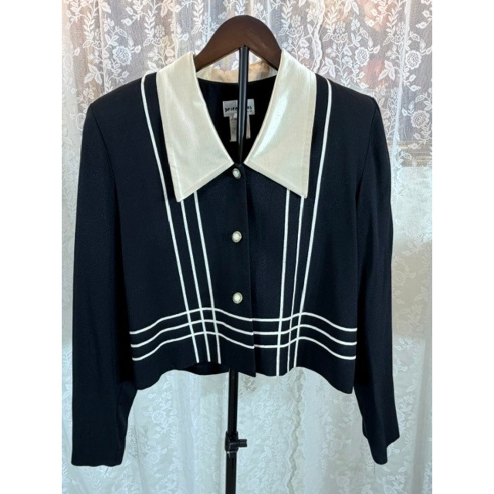 Perceptions by Irene B Vintage Cropped Jacket Black Cream Pearl Button Size 10